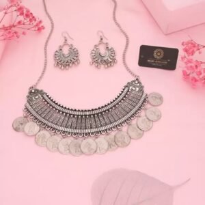 Home oxidised coin style jewellery set for women | german silver alloy | adjustable length | agate, beads & pearls