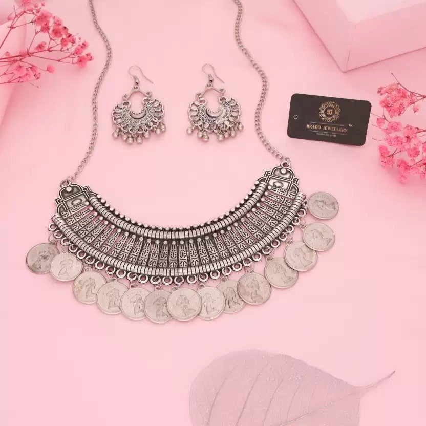 oxidised coin style jewellery set for women | german silver alloy | adjustable length | agate, beads & pearls oxidised coin style jewellery set for women | german silver alloy | adjustable length | agate, beads & pearls