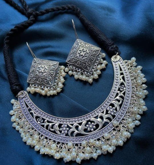 oxidised mogra pearls style jewellery set oxidised mogra pearls style jewellery set