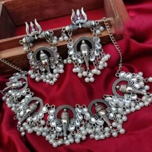 Home oxidised mogra pearls ganesh ji style jewellery set