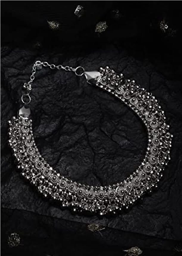 oxidised ghungroo style jewellery set for women | german silver alloy | adjustable length | agate, beads & pearls oxidised ghungroo style jewellery set for women | german silver alloy | adjustable length | agate, beads & pearls