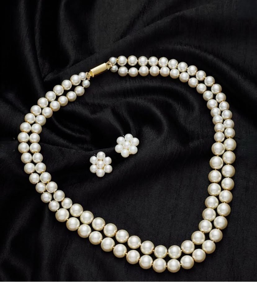 traditional double line pearl necklace set with agate, beads & pearls traditional double line pearl necklace set with agate, beads & pearls