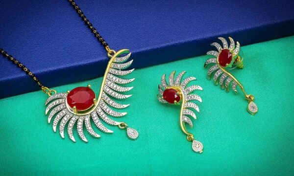 ad + colour stone mangalsutra with earrings – 18 inch alloy with ad zircon stones (handmade & studded finish)